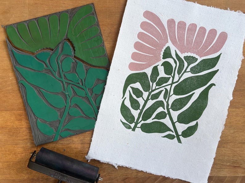 Pink Floral Linocut on Handmade Paper, 210mm X 297mm - Etsy