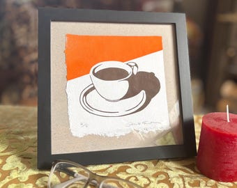 Coffee Cup - brown - linocut print on handmade paper, 150mm x 150mm