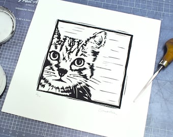 Tabby cat linocut print, 210mm x 210mm