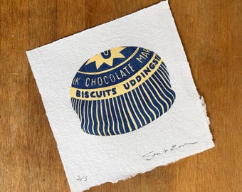 Tea Cake Dark Chocolate - linocut print on handmade paper, 150mm x 150mm