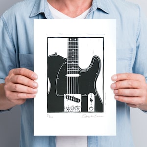Fender Telecaster hand carved Linocut print, A4