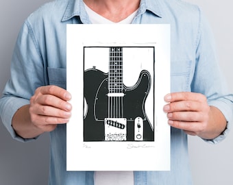 Fender Telecaster hand carved Linocut print, A4