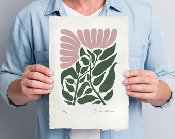 Pink floral linocut on handmade paper, 210mm x 297mm