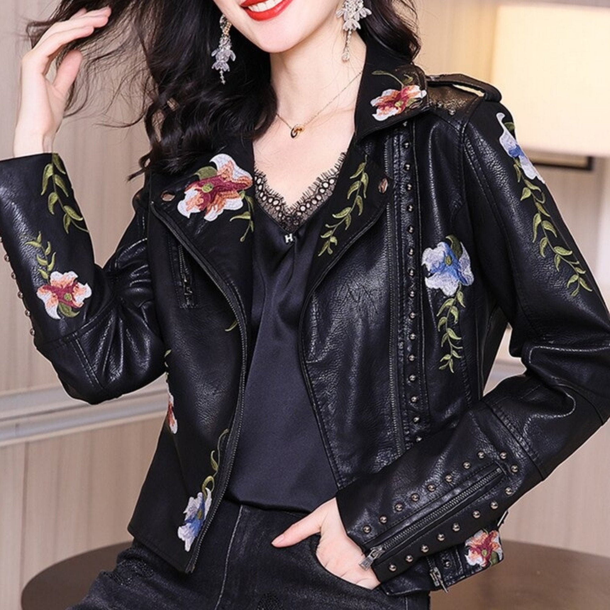 leather jacket with rose embroidery