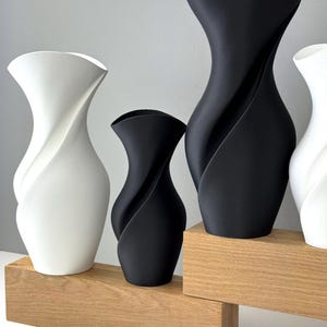 Op de afbeelding: Vier decoratieve vazen in een moderne stijl. Twee zijn wit en twee zijn zwart. De vazen hebben een gedraaide, organische vorm en worden op een houten oppervlak gepresenteerd. De vazen variëren in grootte, de hoogste is ongeveer 30 cm hoog.