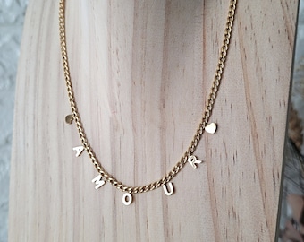 Love motif chain necklace in stainless steel and adjustable.