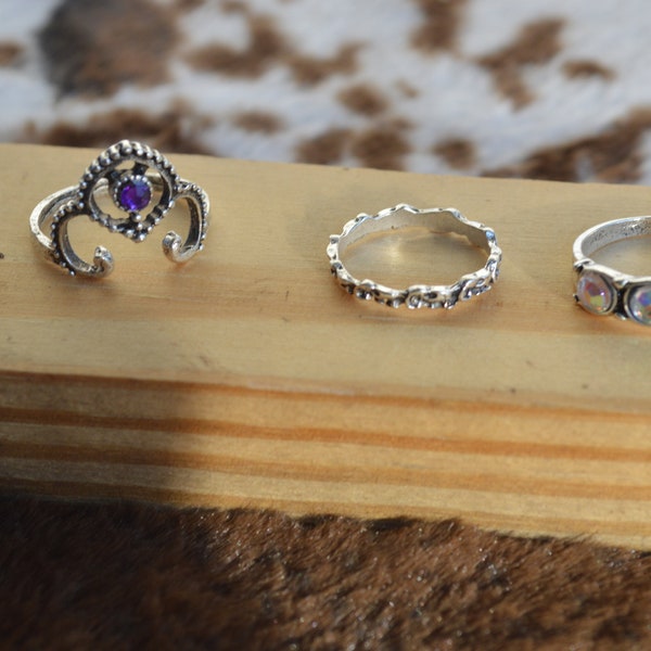 rings for women, western rings, pearl rings, white gems, purple gems, ring sets, knuckle ring sets