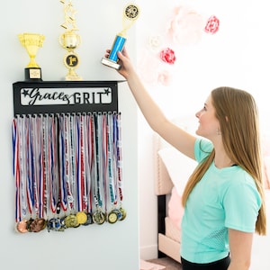 Grace & Grit Medal Hanger and Trophy shelf for Awards and Sports Medals-Holds 60+ Medals And Comes With 10 Inspirational Stickers