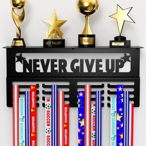 Never Give Up Medal Hanger and Trophy Shelf for Sports Awards. Hangs 64+ medals
