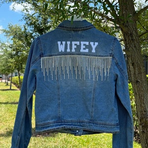 Wifey Jacket, Bride Jean Jacket, Bridal Denim Jacket, Rhinestone Fringe, Custom Denim Jacket, Wedding, Bride To Be, Bachelorette, Engagement