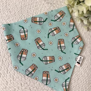 floral iced coffee dog bandana, cute dog bandana,olive dog bandana, dog bandanas, daisy dog outfits, dog, dogs, summer dog bandana