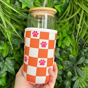 Pink pawprint coffee sleeve,dogs coozie, iced coffee sleeve , dog mom, iced coffeeand dogs, dog coffee sleeve, iced coffee, drink sleeve