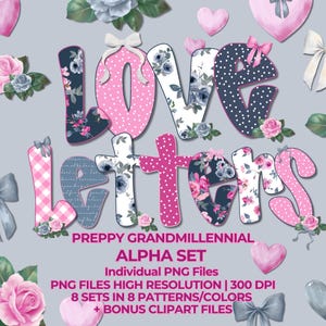 Floral Preppy Alphabet Romantic Wedding Invitation Letters Grand Millennial PNG Alphabet Bundle Doodle Alphabet PNG Preppy Flower Alphabet