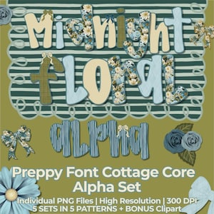 Preppy Blue Floral PNG Alpha Font Set plus Grandmillennial Cottagecore Clipart (Digital Download)