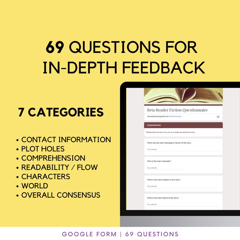 Beta Reader Feedback Google Form for Writers Improve Pacing, Plot Sequencing, Character Development, World Building Digital Product image 2