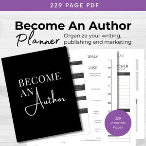 Könnte beinhalten: Ein schwarz-weißer Planer mit dem Text "Become An Author" und "Organize your writing, publishing and marketing". Der Planer enthält Abschnitte für Ziele, eine Liste und einen Katzen-Tracker.
