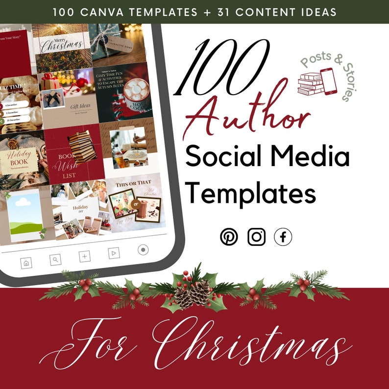 Christmas Social Media Templates with Content Ideas for Authors, Holiday, Book Marketing, Novel Planner, Instagram, Facebook, Tik Tok image 1