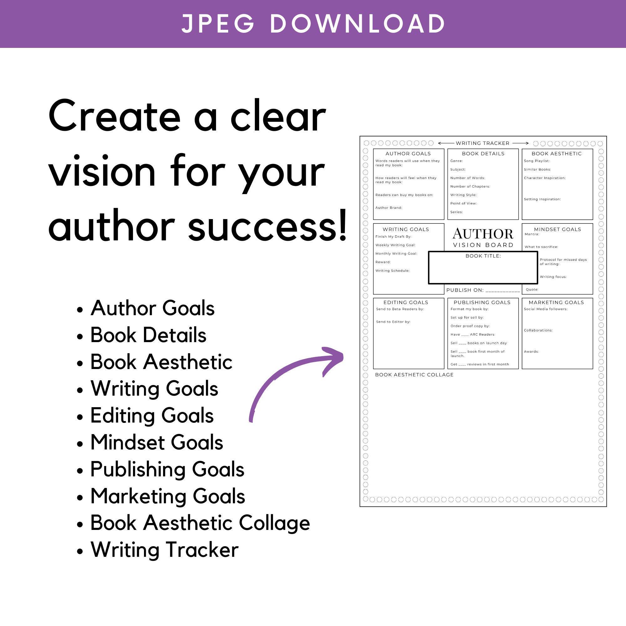 Writing Vision Guide Author Vision Board Poster Writing Tracker Author Planner Book Goals ...