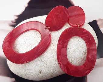 Retro red resin dangle geometric earrings big earrings, acrylic earrings, push back extra long earrings