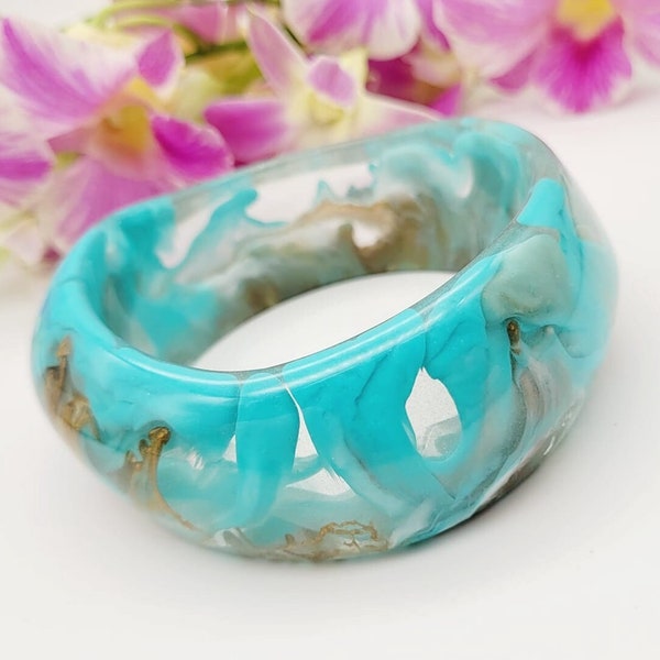 Retro Turquoise and gold colour resin bangle bracelet wide bracelet retro bracelet hand made jewellery