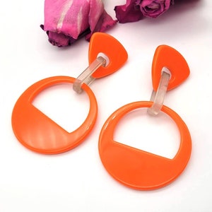 Retro Orange resin dangle geometric earrings big earrings, acrylic earrings, push back extra long earrings