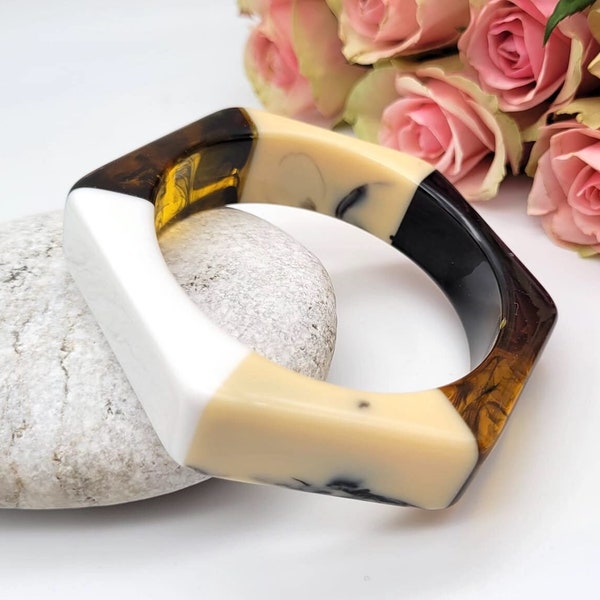 Retro Black, beige and white colour resin bangle bracelet narrow bracelet disco bracelet hand made jewellery