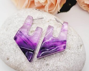 Resin Purple earrings, modern earrings, plastic earrings, Rainbow earrings