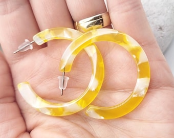 Yellow resin hoop earrings, acrylic earrings, modern earrings, 3.8cm diameter