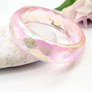 Retro Pink Aurora Borealis transparent resin bangle bracelet wide bracelet disco bracelet hand made jewellery