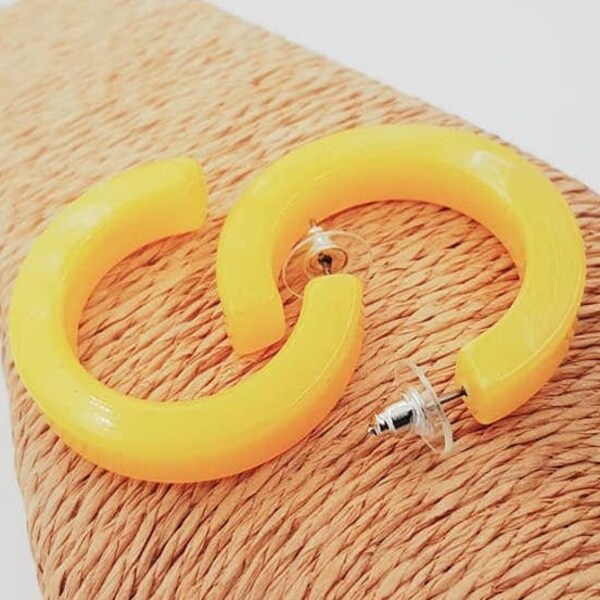 Boho Yellow resin  hoop earrings, acrylic earrings, modern earrings, wide yellow earrings, thick yellow earrings
