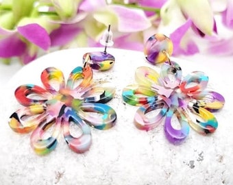 Multicoloured flower confetti earrings resin earrings, acrylic earrings, modern earrings, mosaic earrings, push back earrings, big earrings