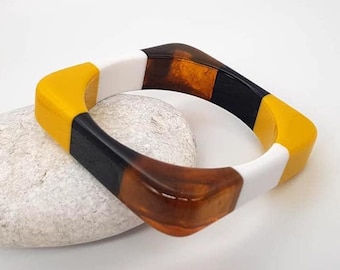 Retro Black, Yellow, White resin bangle bracelet square bracelet disco bracelet hand made jewellery
