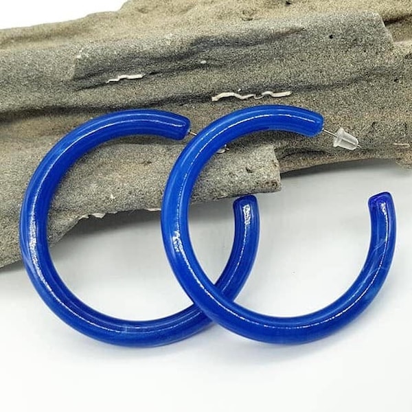 Boho Blue colour resin hoop earrings, acrylic earrings, modern earrings, large earrings