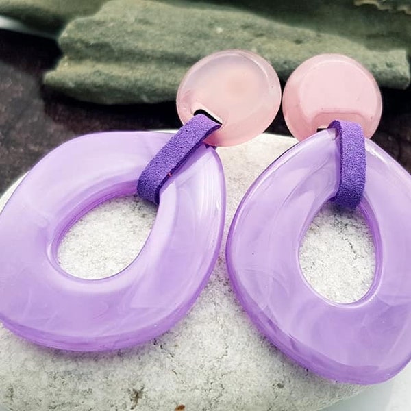 Retro Purple resin dangle geometric earrings big earrings, acrylic earrings, push back extra long earrings