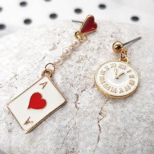 Alice in Wonderland dangle earrings, Mad Hatters Jewellery, cards earrings, clock earrings, Hare earrings BFF jewellery, Alice earrings,