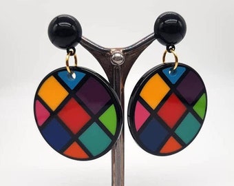 Multicoloured round geometric earrings resin earrings, acrylic earrings, modern earrings, mosaic earrings, push back earrings, big earrings