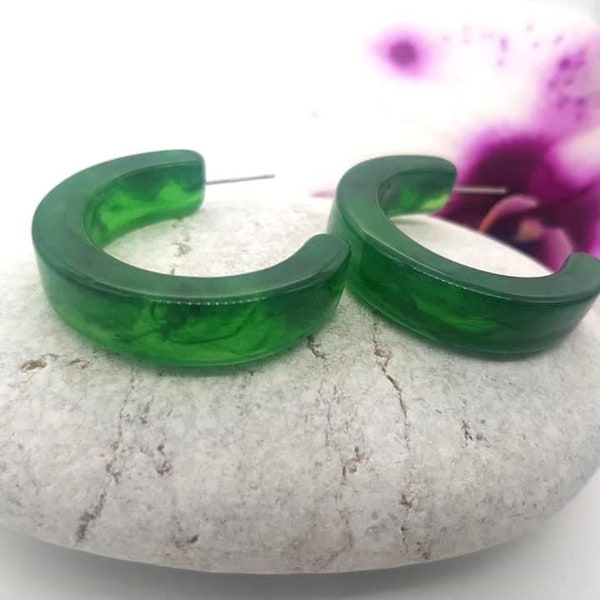 Boho green resin  hoop earrings, acrylic earrings, modern earrings, wide green earrings