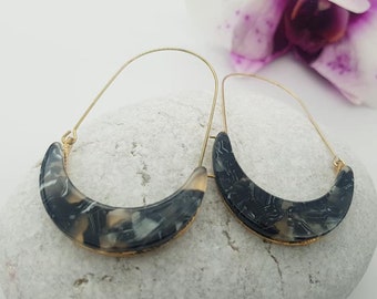 Dark Marble Tortoiseshell resin hoop earrings, acrylic earrings, modern earrings, crescent earrings
