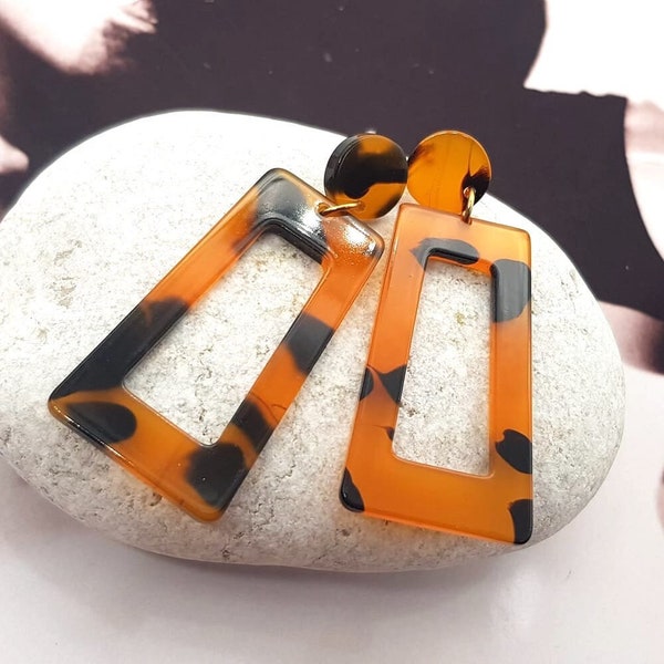 Tortoiseshell geometric earrings dangle resin earrings acrylic earrings, modern earrings, mosaic earrings, push back earrings,