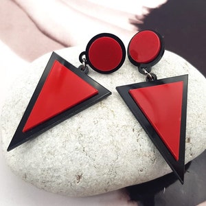 Retro Red and Black resin dangle geometric earrings big earrings, acrylic earrings, push back earrings