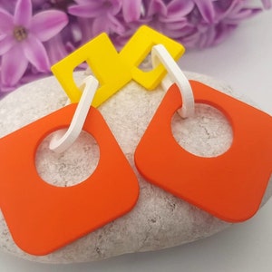Retro Orange and Yellow colour resin dangle geometric earrings big earrings, acrylic earrings, push back extra long earrings
