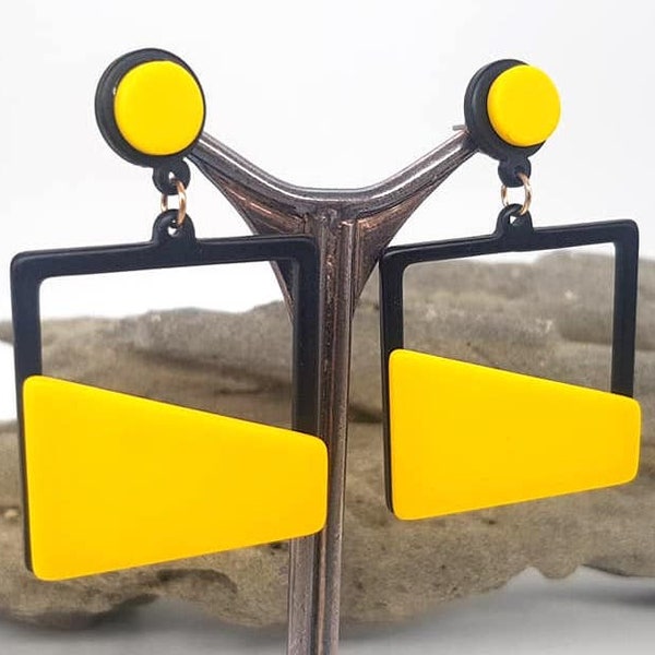 Retro Yellow resin dangle geometric earrings big earrings, acrylic earrings, push back extra long earrings