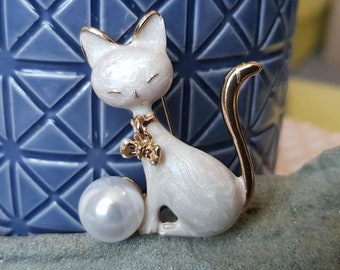 White Cat broche kat sieraden goudkleurige kat broche parel kat broche