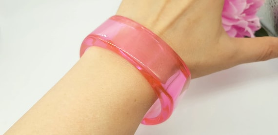 Retro Transparent Pink Resin Bangle Bracelet Wide Bracelet 