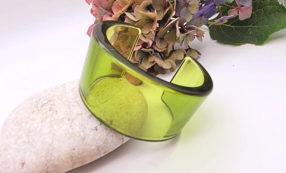 Retro Green transparent resin cuff bracelet wide … - image 1