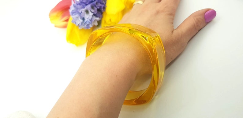 Retro transparent yellow resin bangle bracelet wide bracelet disco bracelet hand made jewellery image 3