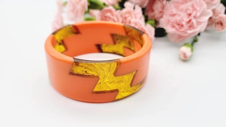 Retro orange colour resin bangle bracelet wide bracelet disco bracelet hand made jewellery image 1