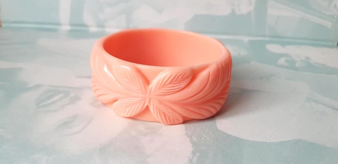 Retro Carved Pink Orange Resin Bangle Bracelet Wide Bracelet Etsy