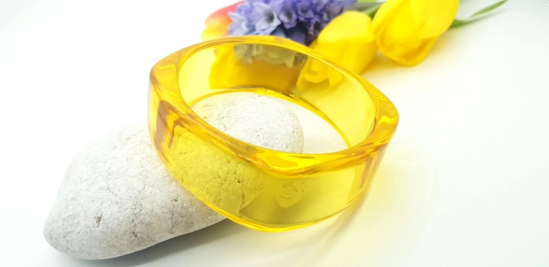 Retro transparent yellow resin bangle bracelet wide bracelet disco bracelet hand made jewellery image 1