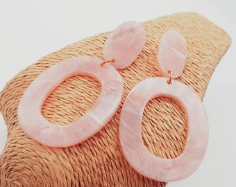 Retro PINK resin dangle geometric earrings big earrings, acrylic earrings, push back extra long earrings